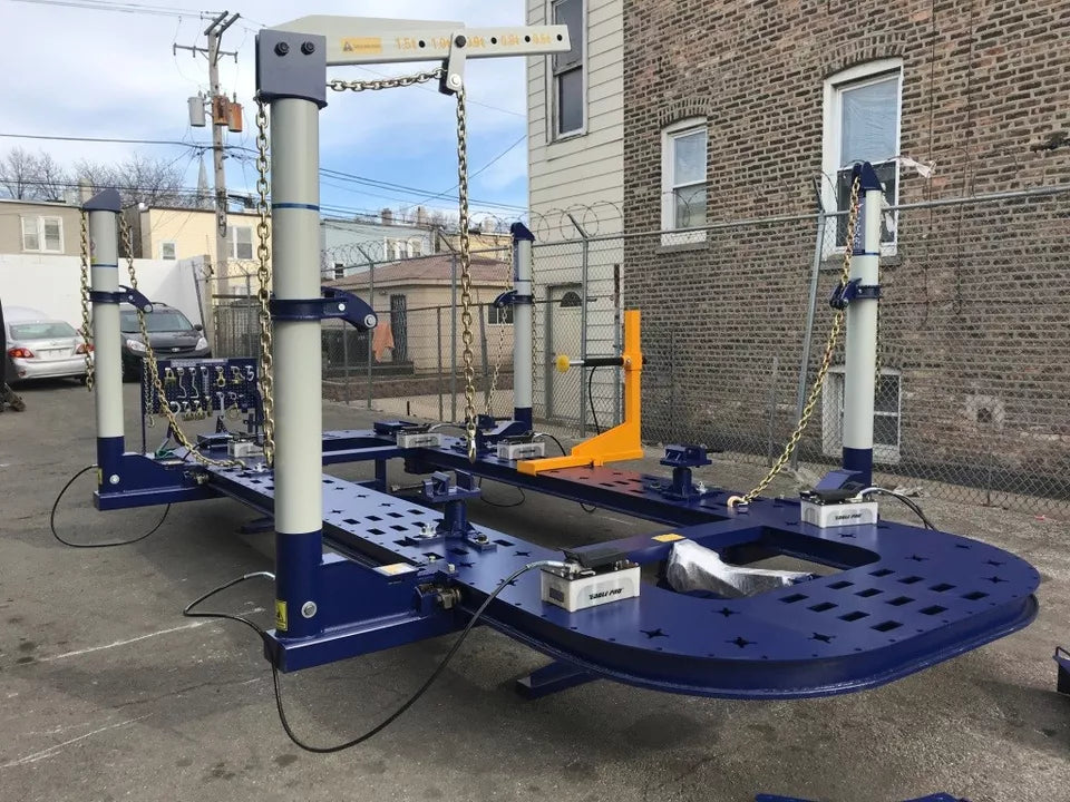 20 FEET LONG AUTO BODY FRAME MACHINE 4 TOWERS WITH CLAMPS, HOOKS, TOOLS + CART 360-degree pulling towers on the auto frame machine in action