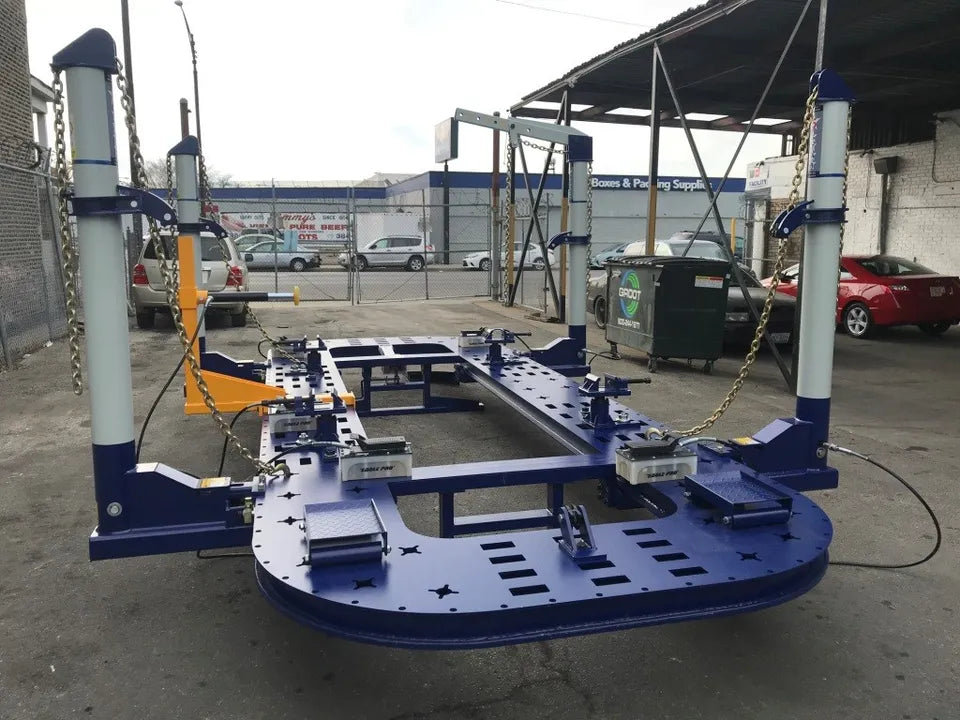 20 FEET LONG AUTO BODY FRAME MACHINE 4 TOWERS WITH CLAMPS, HOOKS, TOOLS + CART Adjustable height clamps on the auto frame machine