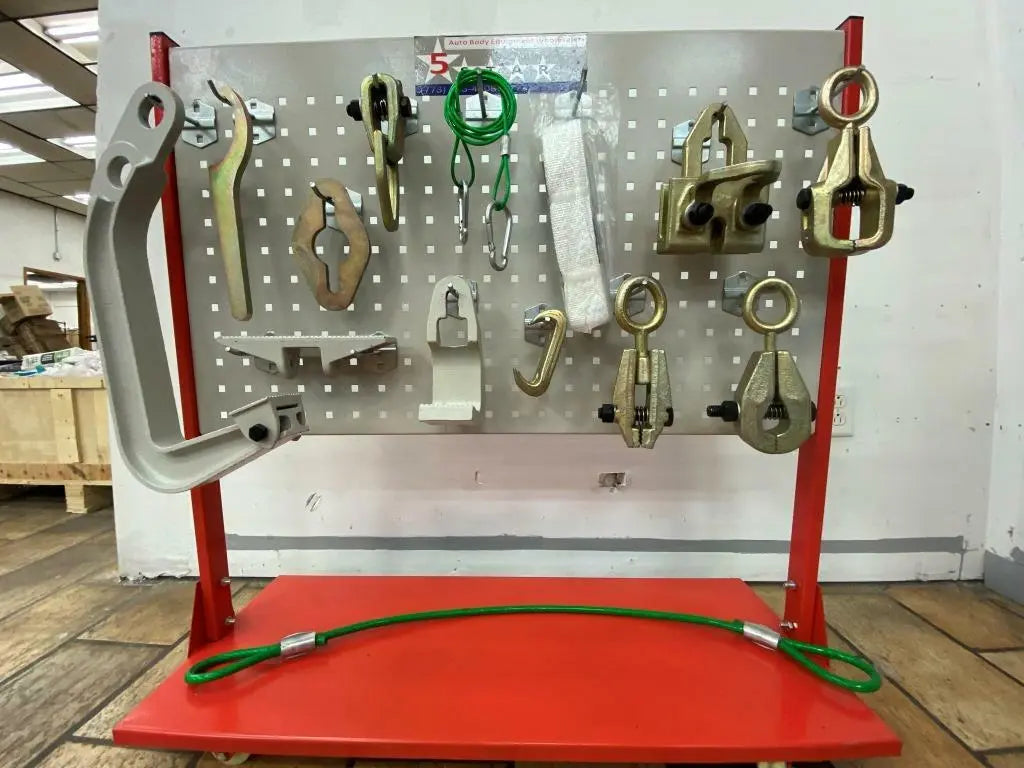 Auto Body Frame Puller Straightener with Roof Including Tools and Air Go Jack Auto Body Frame Puller Machine with Roof Attachment in Workshop