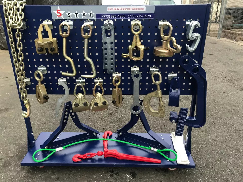 20 FEET LONG AUTO BODY FRAME MACHINE 4 TOWERS WITH CLAMPS, HOOKS, TOOLS + CART Free tools and tool cart included with the auto frame machine