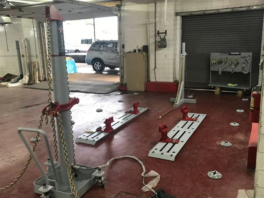 Auto Body Frame Machine Floor Rack System Complete 10 TON Puller FREE TOOLS Tools and tool cart included with the Car Frame Machine package