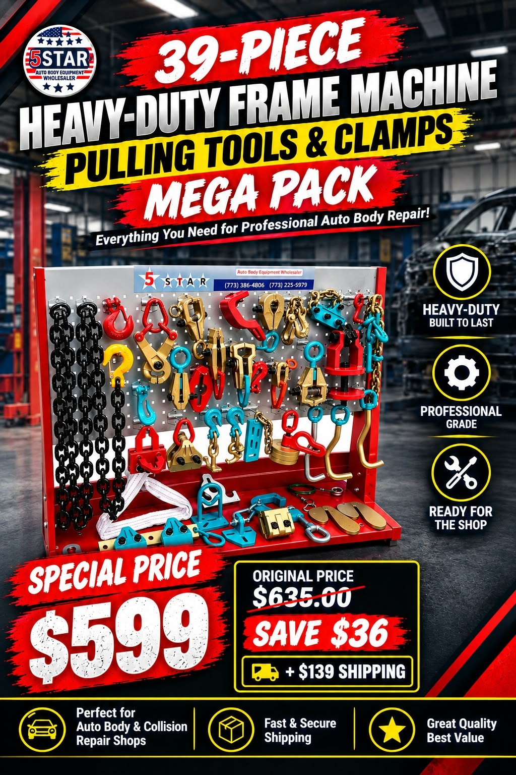 SET#1 39 PIECE HEAVY DUTY AUTOBODY FRAMEMACHINE PULLING TOOLS & CLAMPS MEGA PACK.