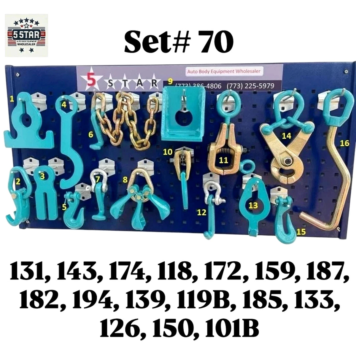 SET#70 - 16 PIECE HEAVY DUTY AUTO BODY FRAME MACHINE CLAMPS SET & PULLING TOOLS