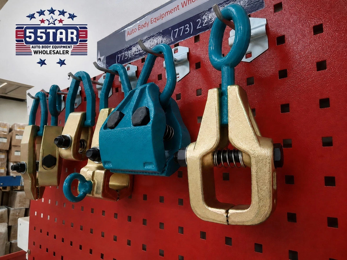 SET#119 - 6 PIECE HEAVY DUTY AUTO BODY FRAME MACHINE PULLING TOOLS AND CLAMPS