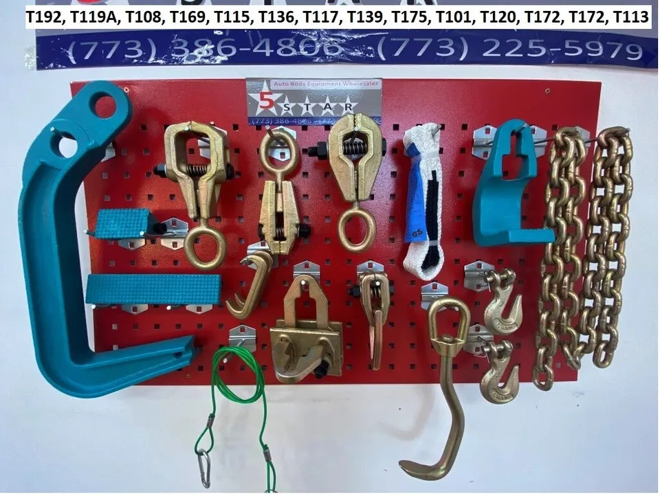 SET#55 - 16 PIECE HEAVY DUTY AUTO BODY FRAME MACHINE PULLING TOOLS AND CLAMPS SET#55 - 16 PIECE HEAVY DUTY AUTO BODY FRAME MACHINE PULLING TOOLS AND CLAMPS