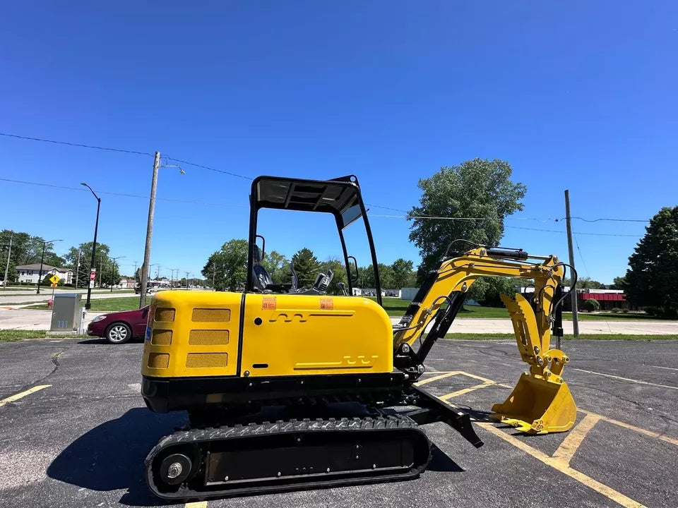 3.5 Ton mini excavator with accessories displayed nearby.
