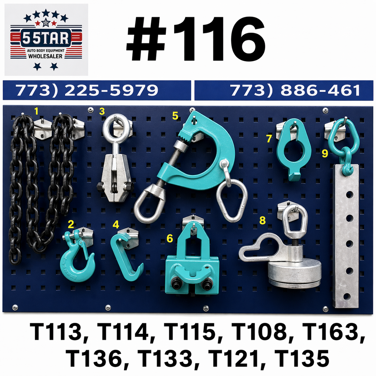Set#116 Auto Body Frame Machine 9pc Tool Chain Clamp Set Pull Hooks Kit