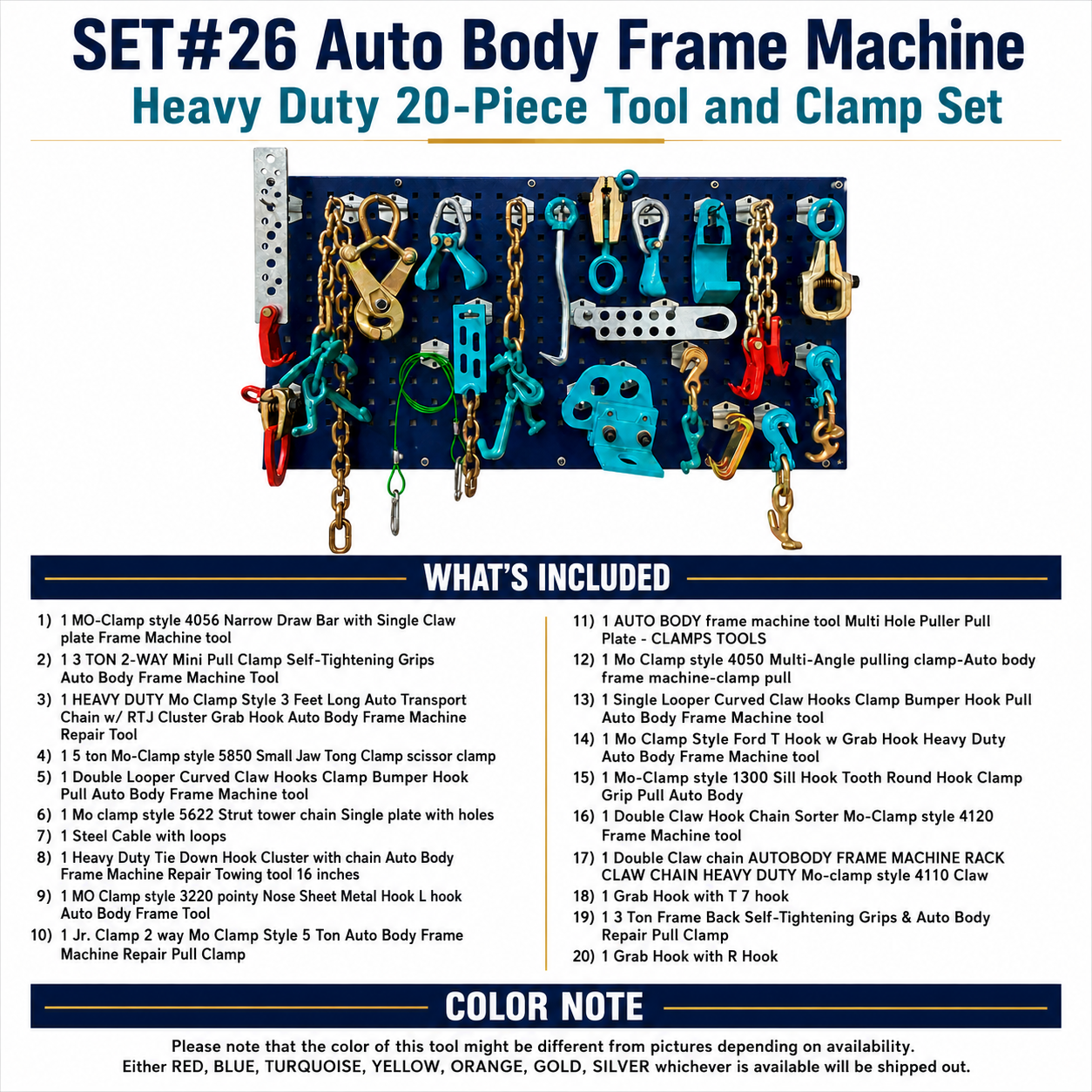 SET#26 - 20 PIECE AUTO BODY FRAME MACHINE HEAVY DUTY 20 PIECE TOOL AND CLAMP