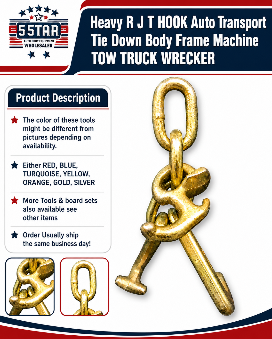 Heavy R J T HOOK Auto Transport Tie Down Body Frame Machine TOW TRUCK WRECKER