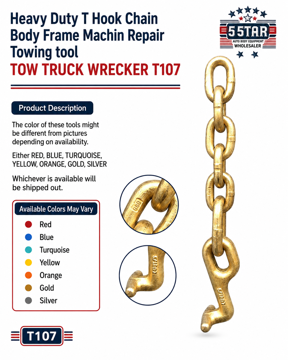 Heavy Duty T Hook Chain Body Frame Machin Repair Towing tool TOW TRUCK WRECKER