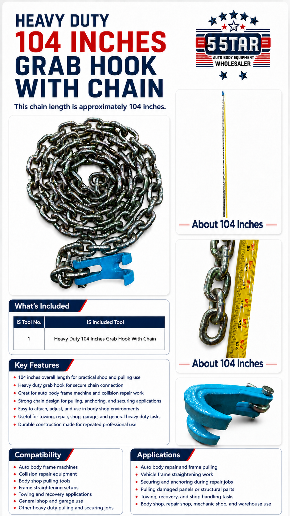 HEAVY DUTY 104 INCHES GRAB HOOK WITH CHAIN AUTO BODY SHOP AND OTHER MOST USES