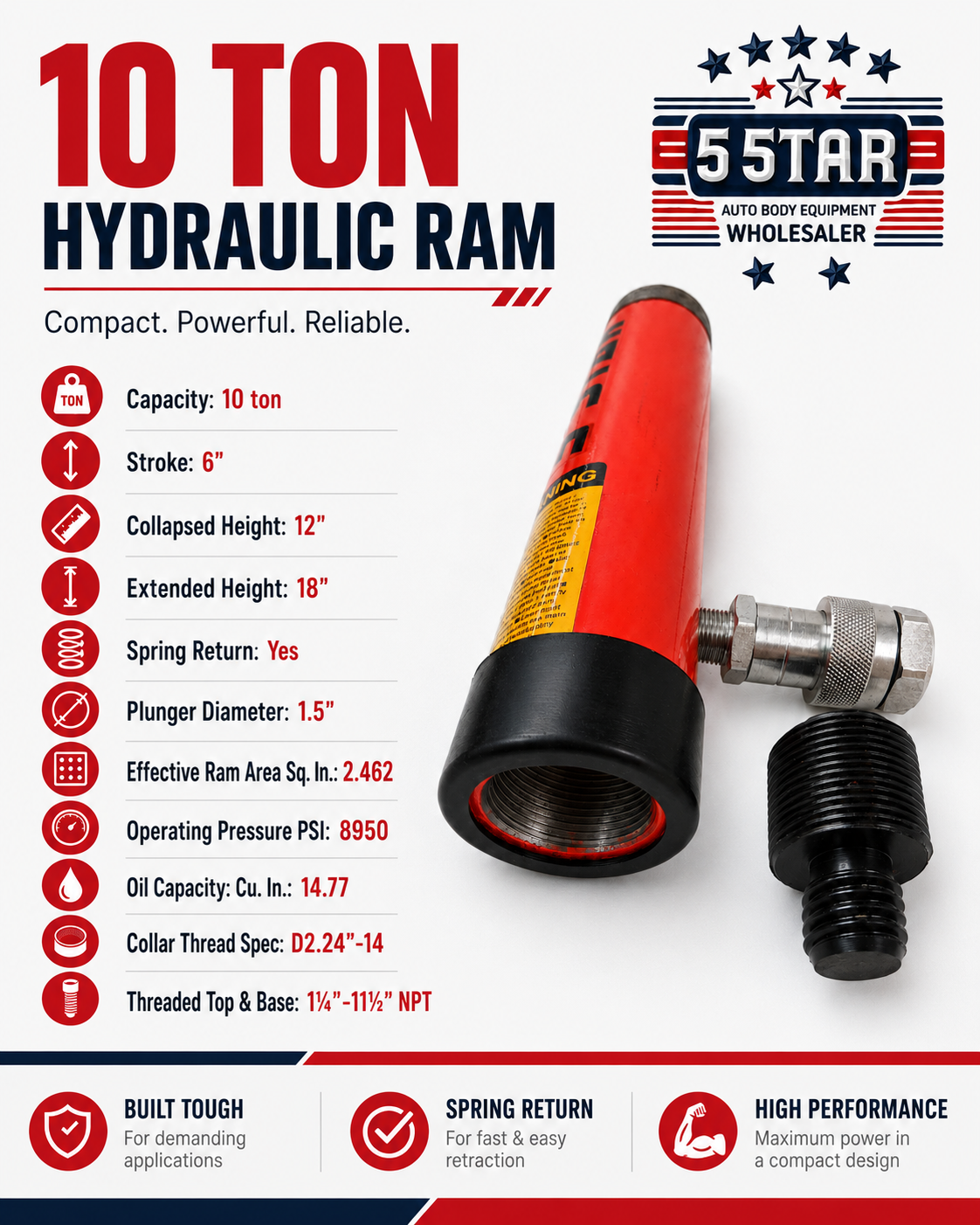10 Ton 6" Stroke Hydraulic Ram Single Acting