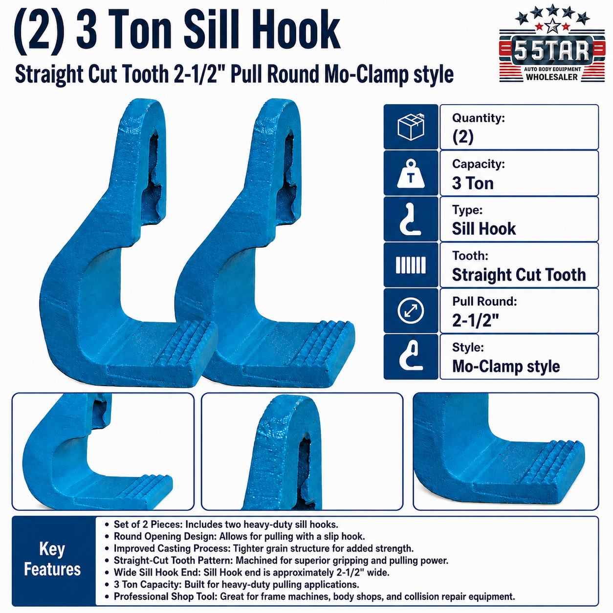 (2) 3 Ton Sill Hook Straight Cut Tooth 2-1/2" Pull Round Mo-Clamp style