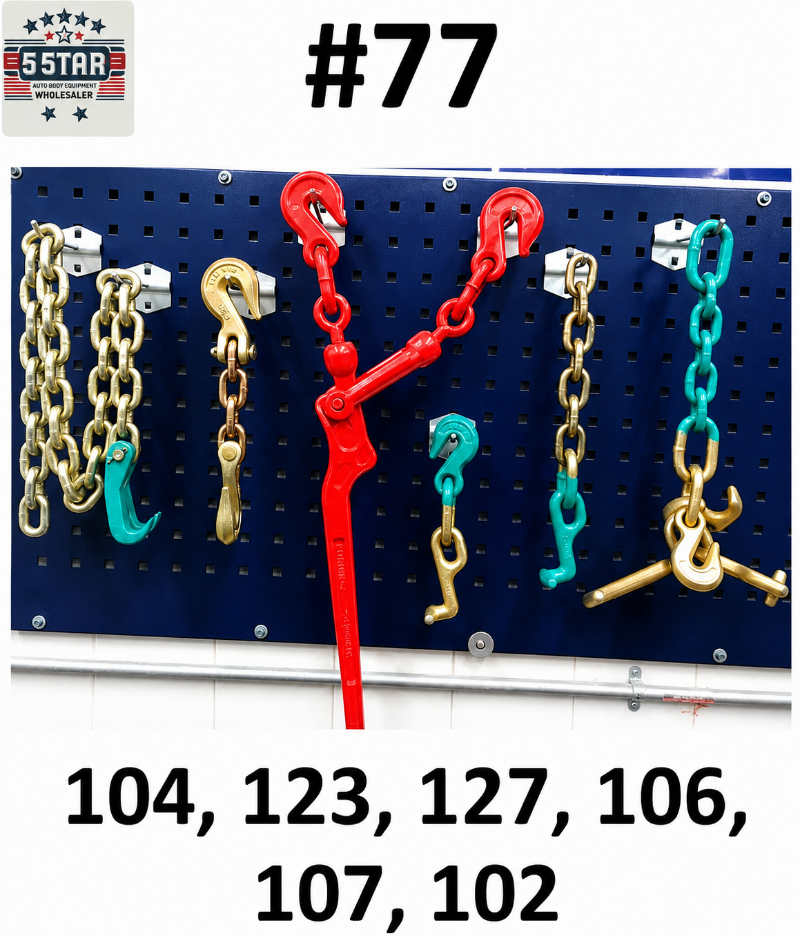 SET#77 AUTO BODY FRAME MACHINE WRECKER TOW 6 PIECE CHAINS AND TOOL SET
