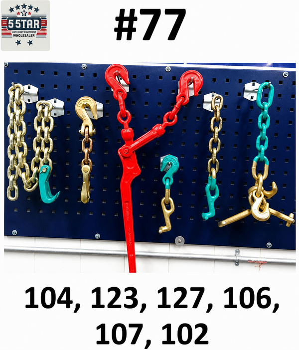 SET#77 AUTO BODY FRAME MACHINE WRECKER TOW 6 PIECE CHAINS AND TOOL SET
