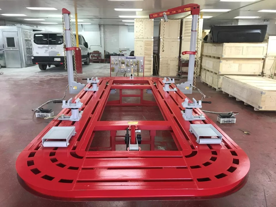 Close-up of 10-ton pulling towers on floor frame machine
