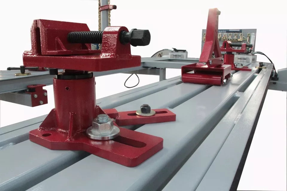 Close-up of hydraulic tilt bed for frame straightening