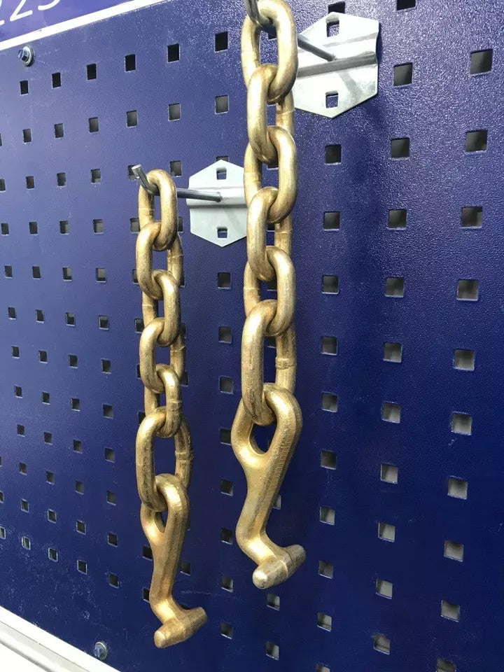 Close-up view of durable steel T Hook Chain for auto body frame machine repair.