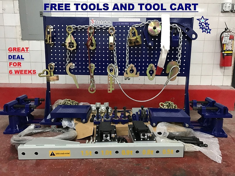 Complete accessories package including clamps, chains, dollies, and hydraulic pumps.