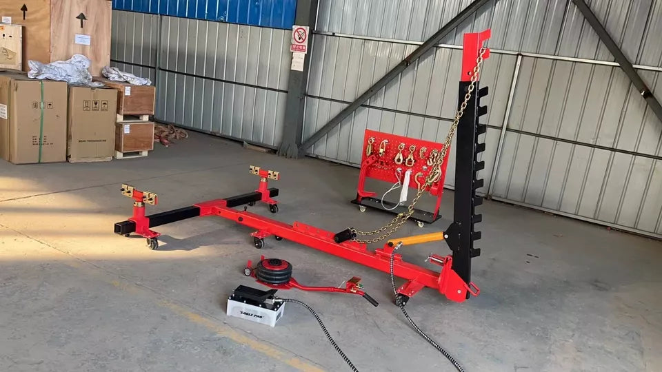 Complete auto body frame puller kit with free clamps, tools, and wheel stands