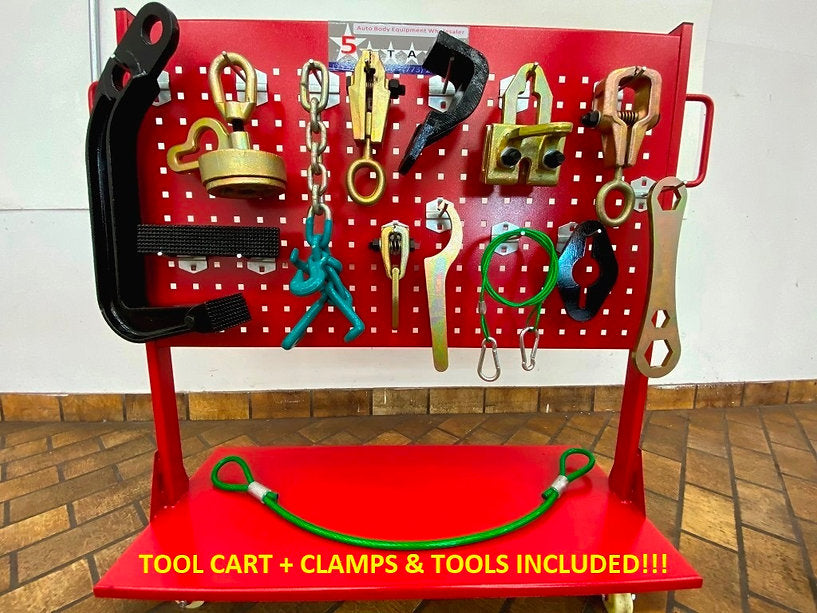 Complete package of frame machine, stands, clamps, and accessories





