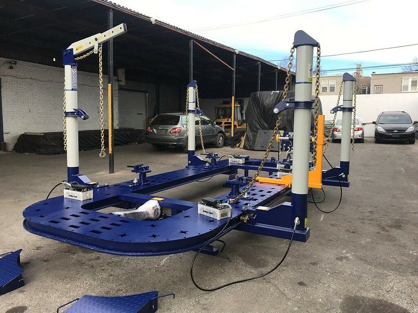 Frame machine with air/hydraulic pumps and wheel stands for efficient repairs