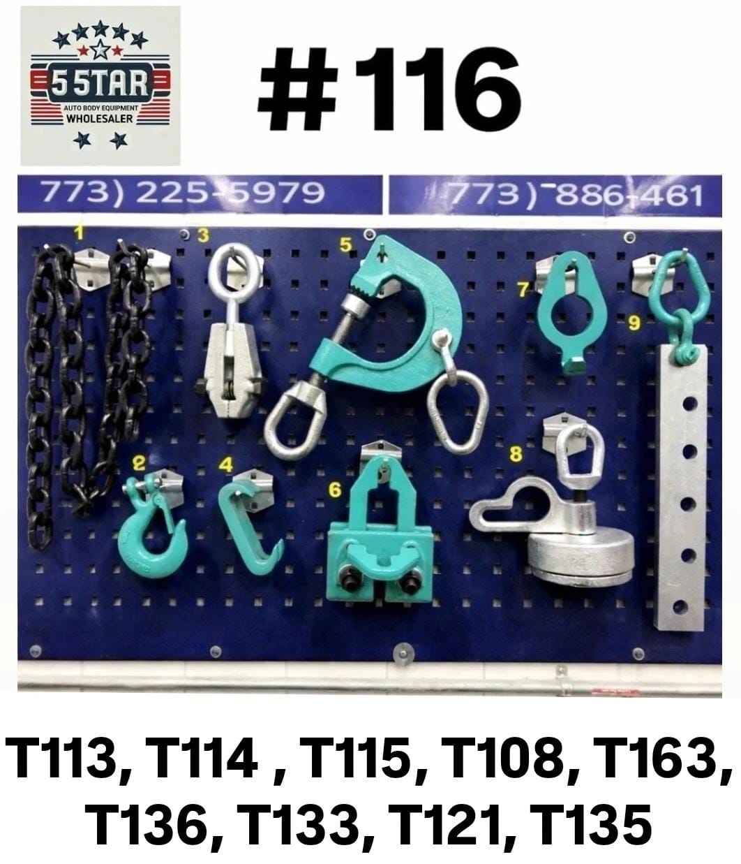 Set #116 Auto Body Frame Machine 9pc Tool Chain Clamp Set Pull Hooks Kit