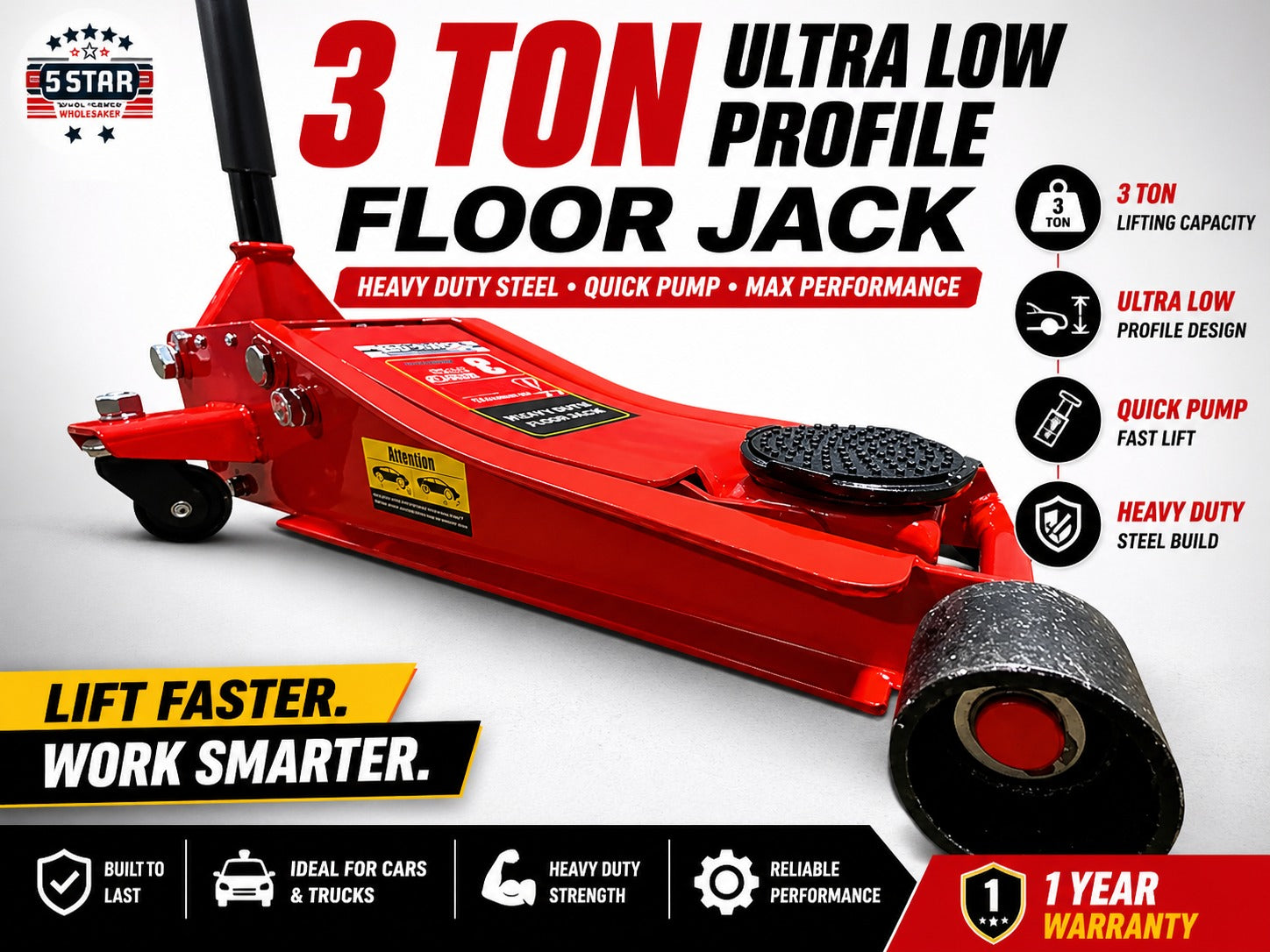 5Star 3 Ton Heavy Duty Floor Jack | Steel Low Profile Quick Lift for Cars | Local pickup only