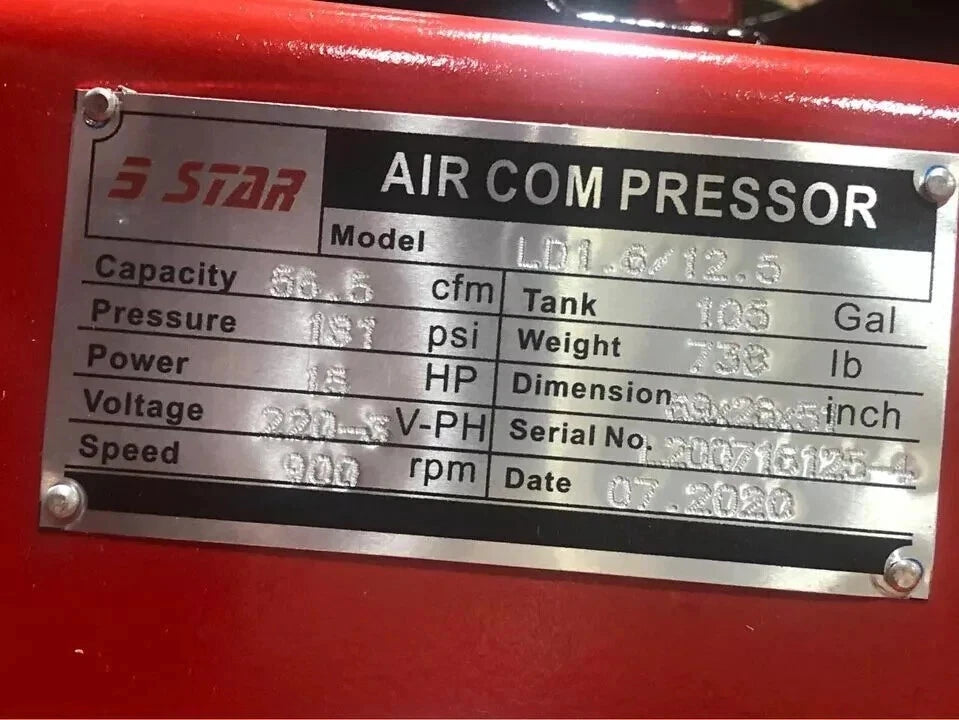 2025 Air Compressor New 5 Star 15 HP motor and over 100- capacity tank
