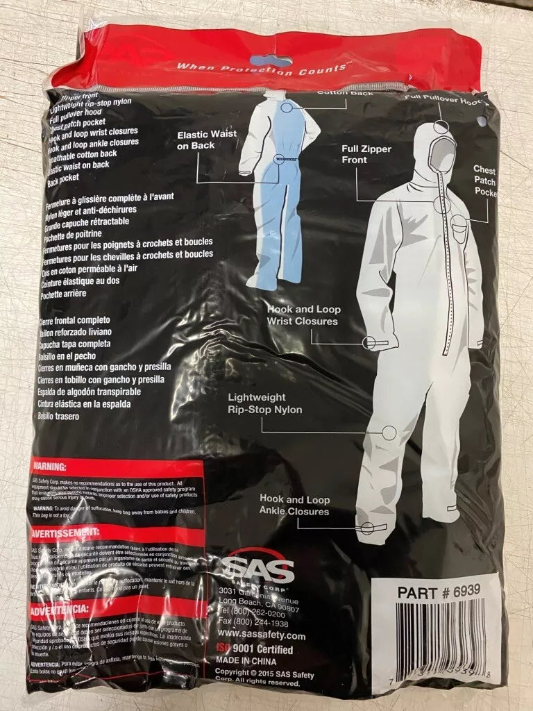 SAS Safety 6939 Paint Suit LARGE Moonsuit Nylon/cotton Hooded Coverall