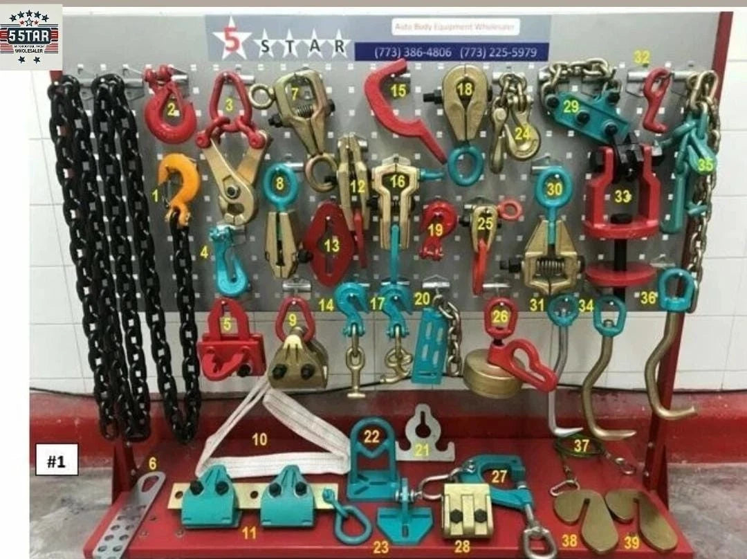 SET#1 39 PIECE HEAVY DUTY AUTOBODY FRAMEMACHINE PULLING TOOLS & CLAMPS MEGA PACK