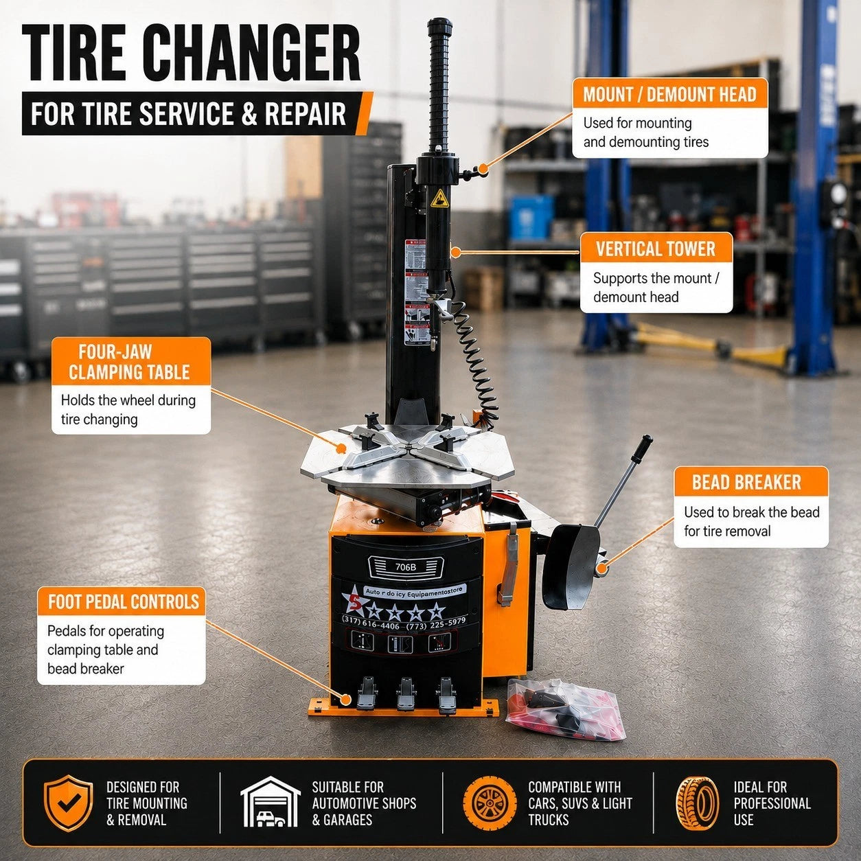 2.5 HP 5 Star 706B Commercial Automotive Tire Changer Machine Rim Clamp Equipment