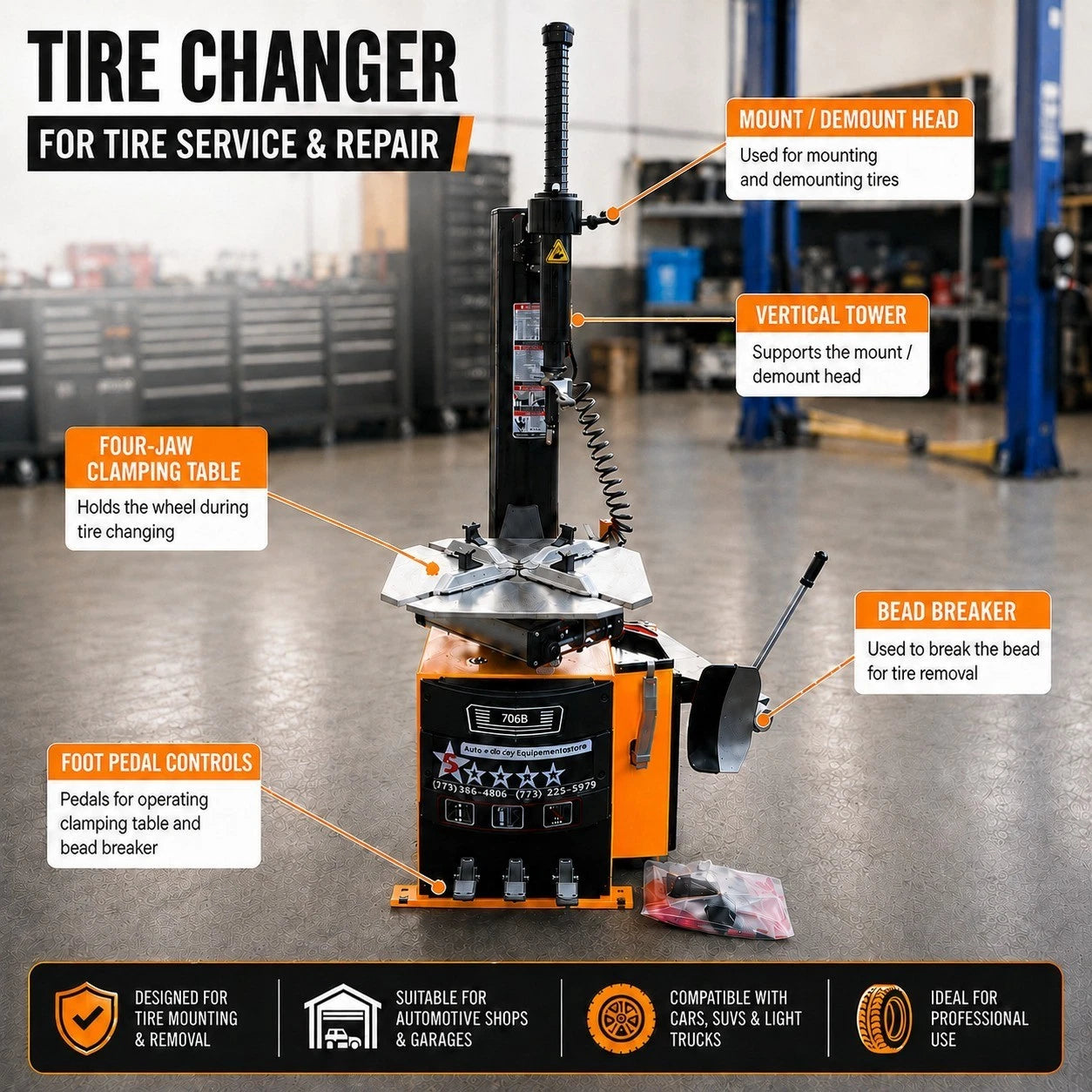 2.5 HP 5 Star 706B Commercial Automotive Tire Changer Machine Rim Clamp Equipment