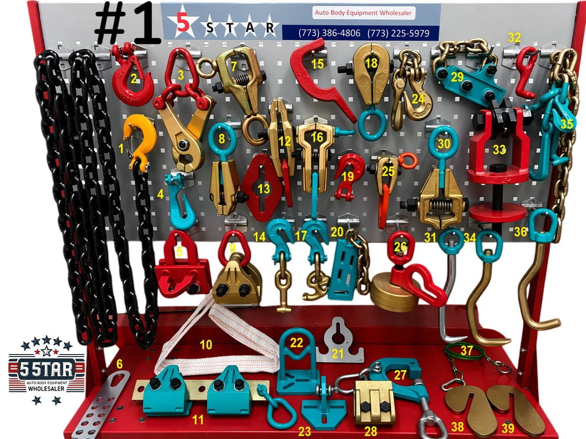 SET#1 39 PIECE HEAVY DUTY AUTOBODY FRAMEMACHINE PULLING TOOLS & CLAMPS MEGA PACK.