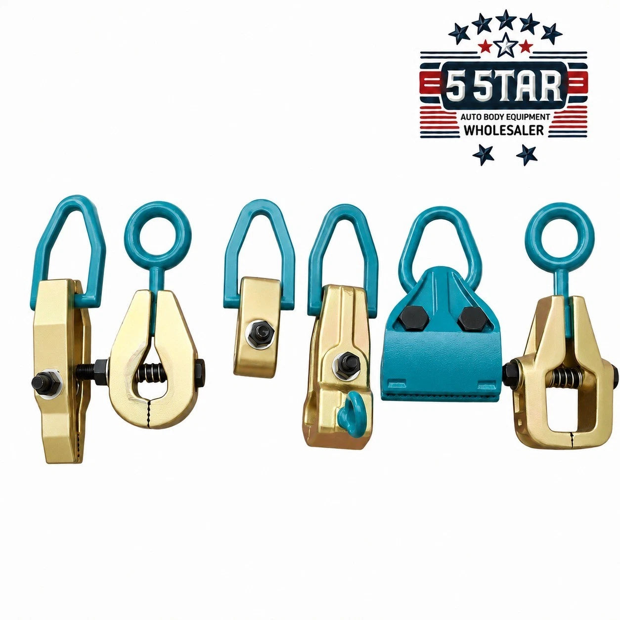 SET#119 - 6 PIECE HEAVY DUTY AUTO BODY FRAME MACHINE PULLING TOOLS AND CLAMPS