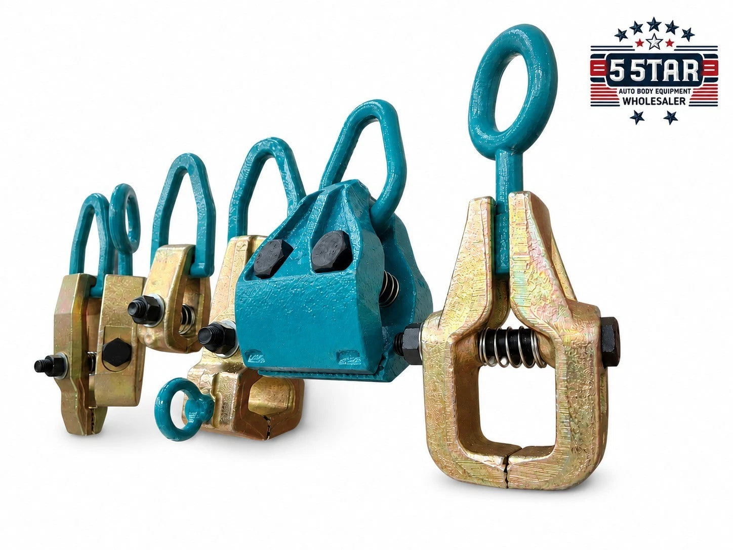 SET#119 - 6 PIECE HEAVY DUTY AUTO BODY FRAME MACHINE PULLING TOOLS AND CLAMPS