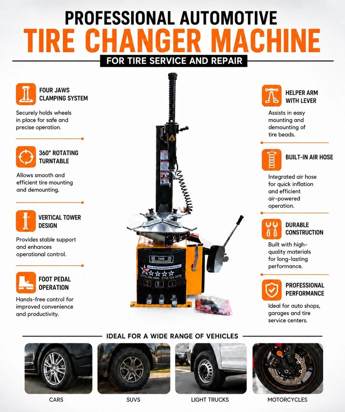 2.5 HP 5 Star 706B Commercial Automotive Tire Changer Machine Rim Clamp Equipment