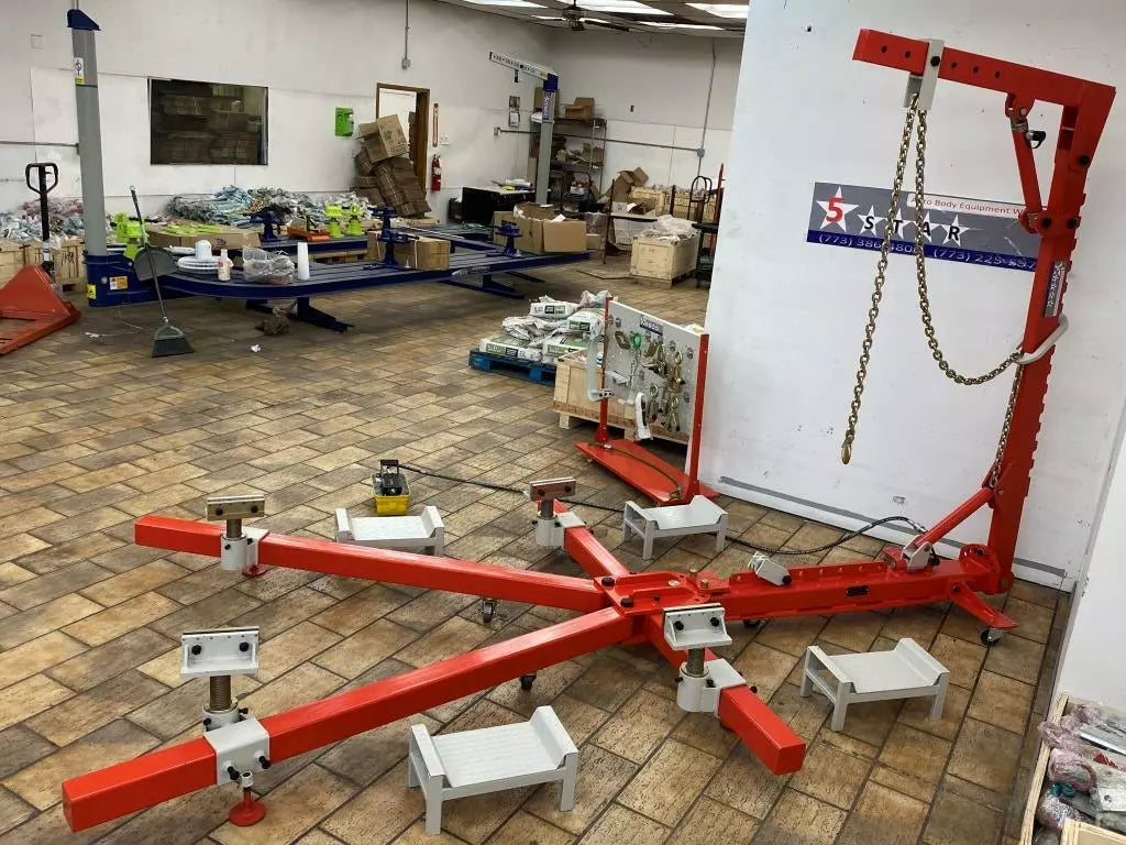 Auto Body Frame Puller Straightener with Roof Including Tools and Air Go Jack