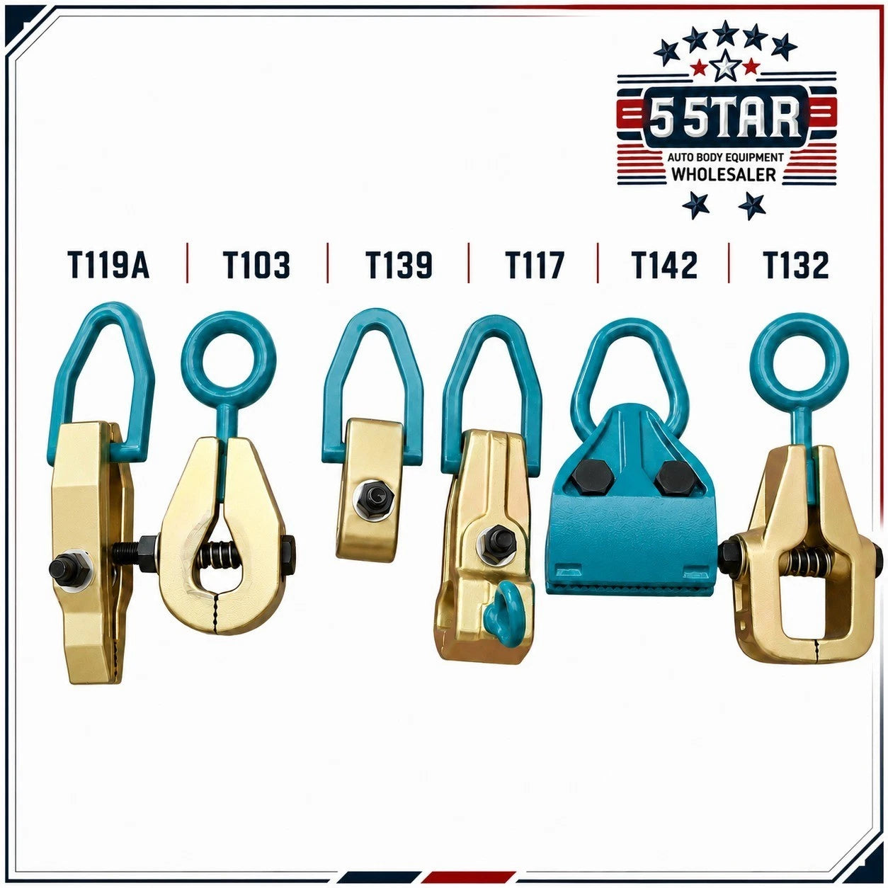 SET#119 - 6 PIECE HEAVY DUTY AUTO BODY FRAME MACHINE PULLING TOOLS AND CLAMPS