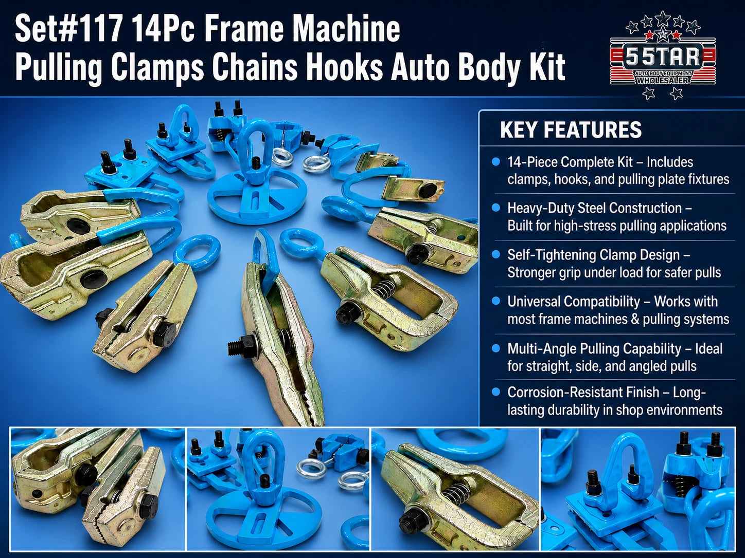 Set #117 14-Piece Auto Body Frame Machine Pulling Clamp Chain Hook Tool Kit