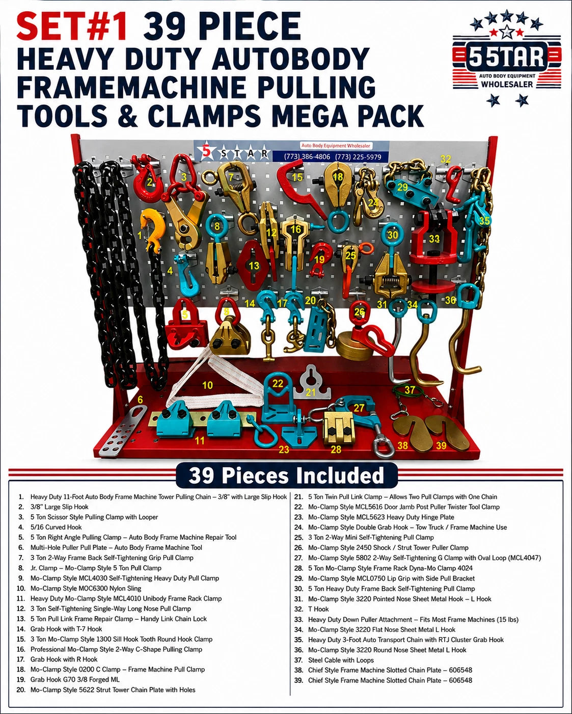 SET#1 39 PIECE HEAVY DUTY AUTOBODY FRAMEMACHINE PULLING TOOLS & CLAMPS MEGA PACK